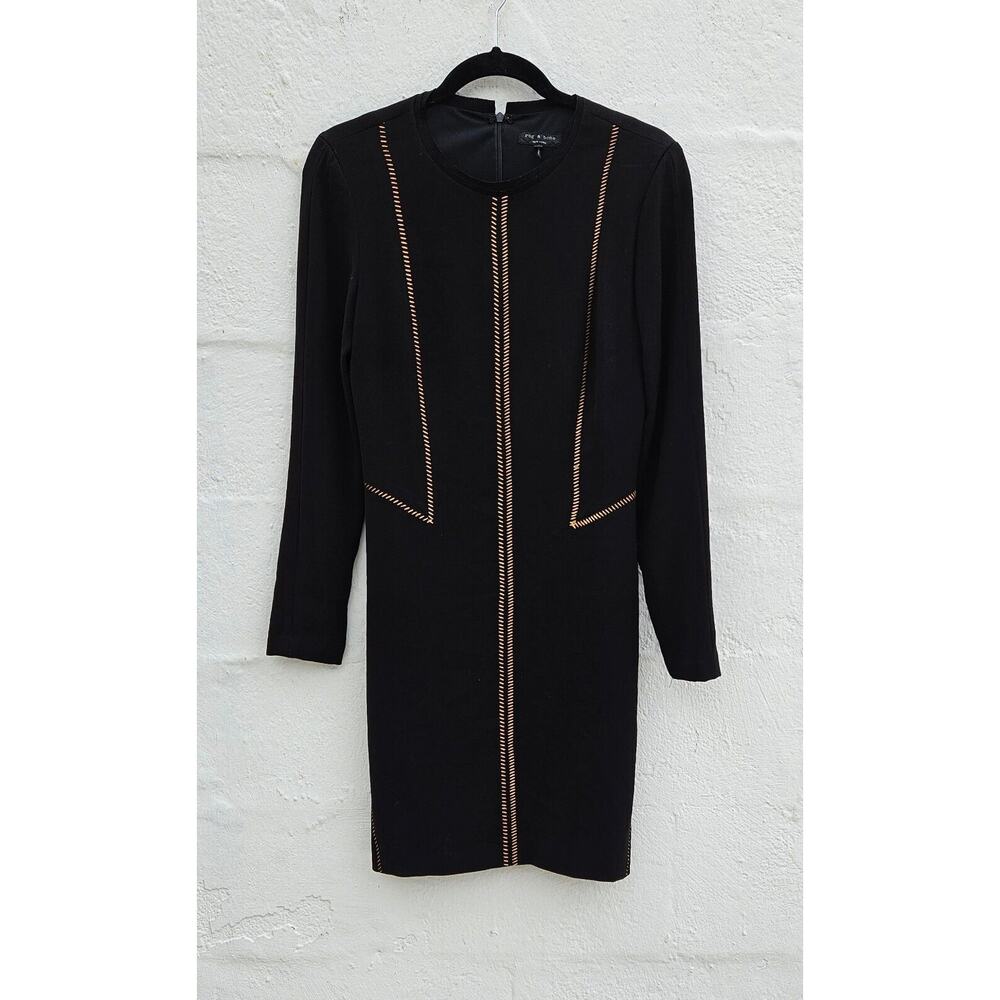 Rag & Bone Raj Copper Stitch Dress‎ Size 2 Black Long Sleeve Mini Sheath Neutral